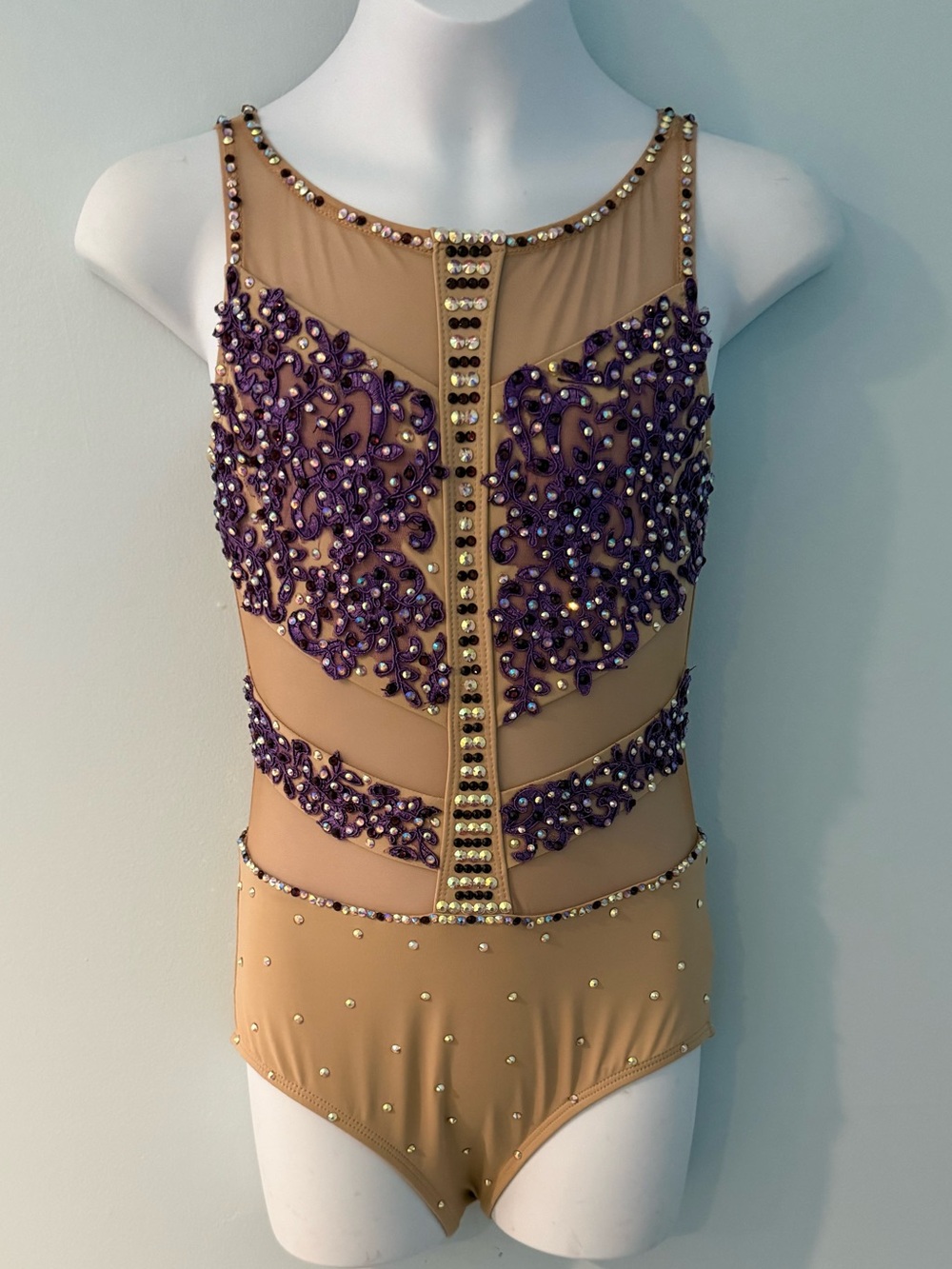 XS Adult Dance Leotard: Nude, Purple Appliqués & Rhinestones, Solo Costume
